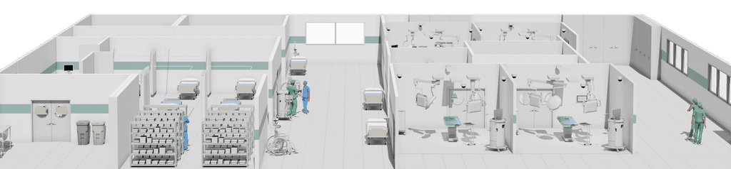 A cartoon depiction of a hospital, showing multiple operating rooms.