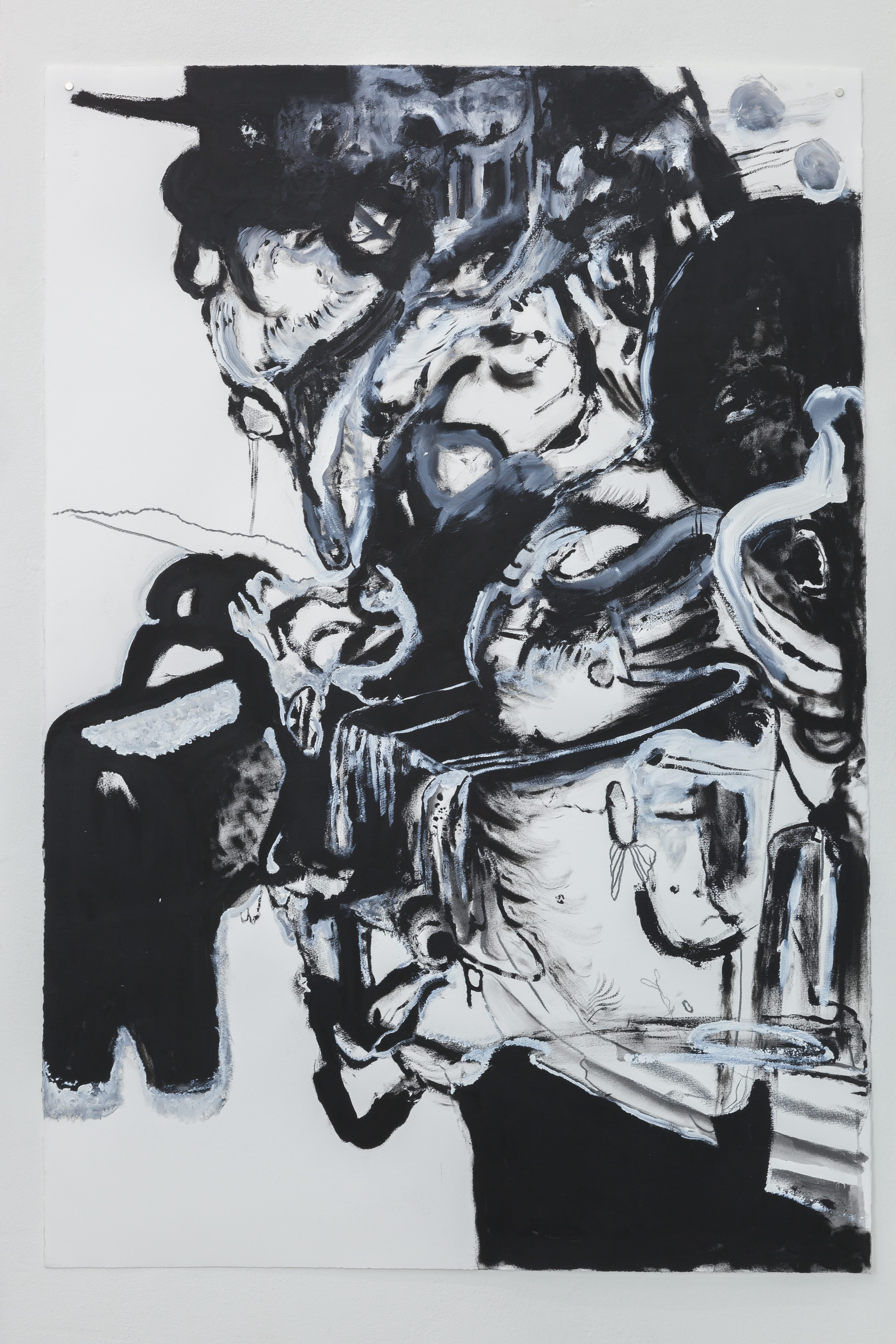 Kapına geldim kendime rağmen (I came to your door despite myself), 2022. Acrylic and graphite on paper, 44 x 30 inches (112 x 76 cm).