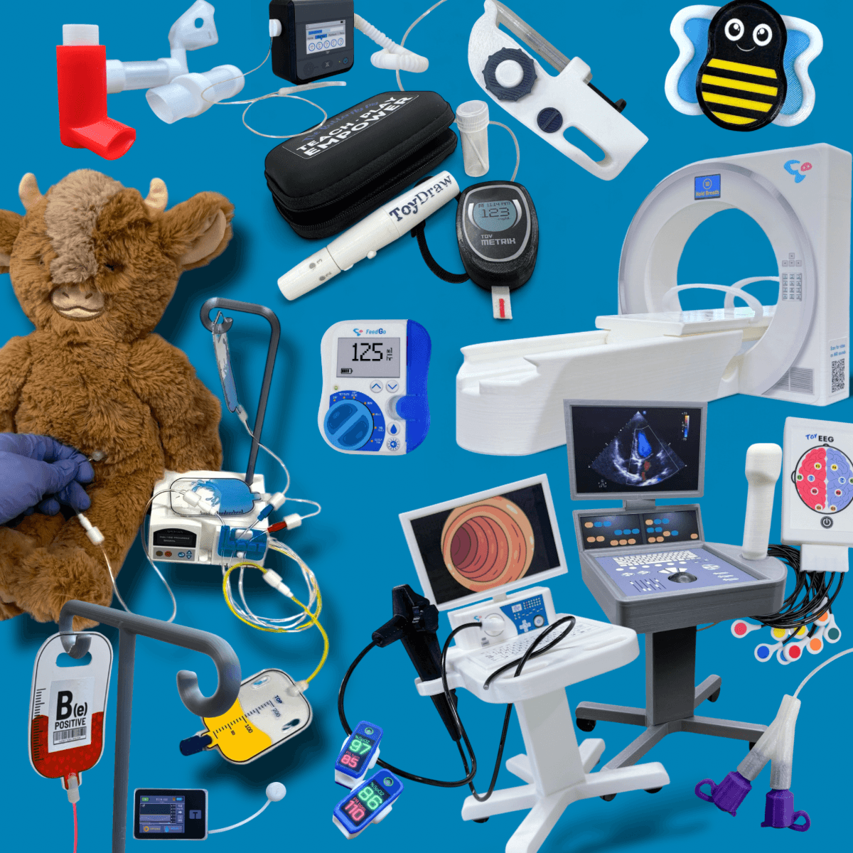Collage of pediatric medical equipment and play therapy tools, including monitors, IV supplies, imaging machines, a stuffed animal, and child-friendly medical devices arranged on a blue background.