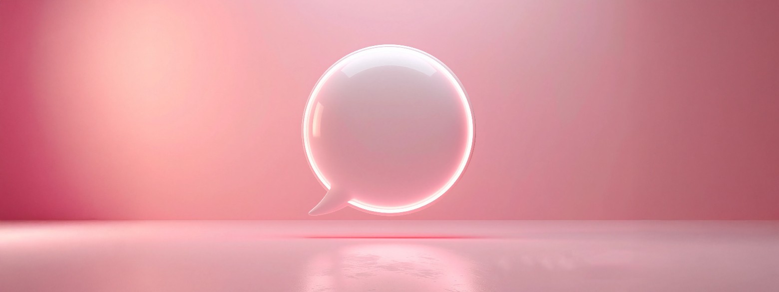 Burbuja de diálogo translúcida con brillo suave sobre fondo degradado rosa, con una estética minimalista y moderna para interfaces digitales.