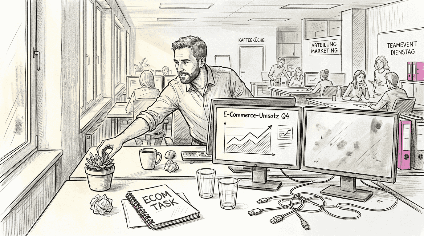 Ein Mitarbeiter wertet Arbeitsabläufe auf zwei Bildschirmen aus.