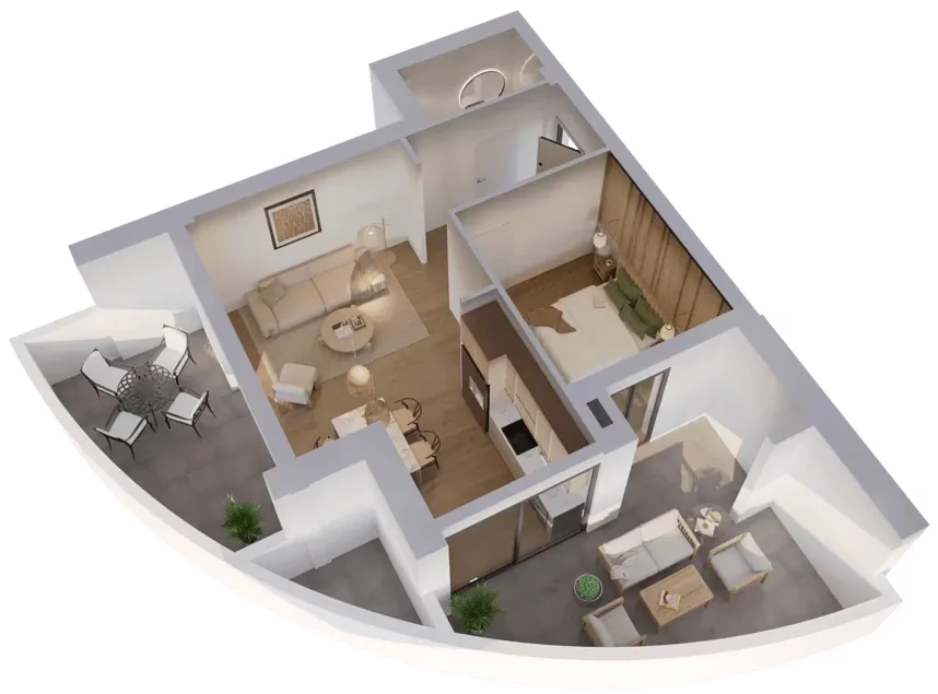 Curved 1BR layout with two terraces, open living space, and cozy interiors.