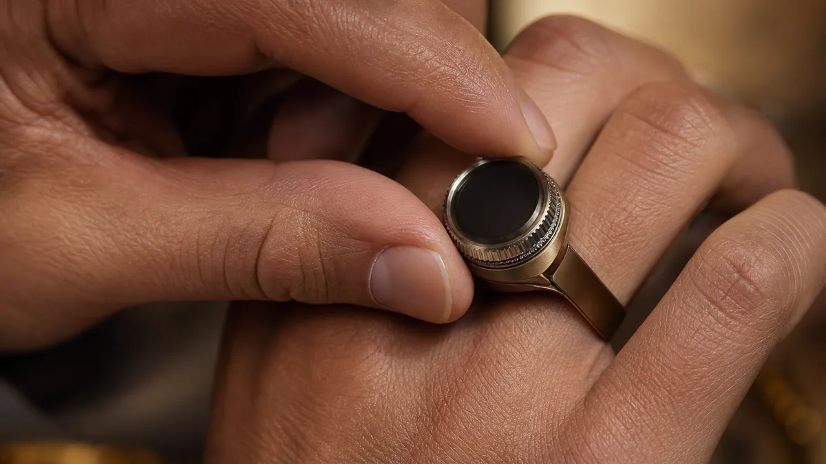 Hand rotates the knurled bezel of a smart zikr ring for one tactile dhikr count