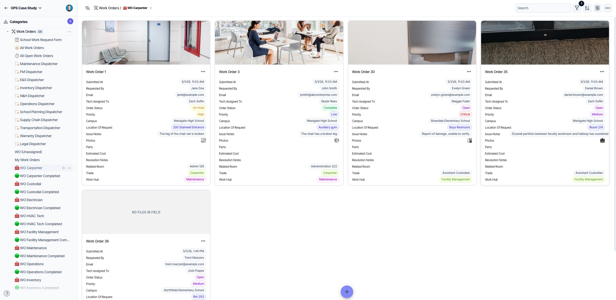 A catalogue view built to serve as a clean Work Order Queue to streamline assigning Trades specific Work Orders. From here, Trade heads can dispatch/assign work order tasks to the Technicians on their team.