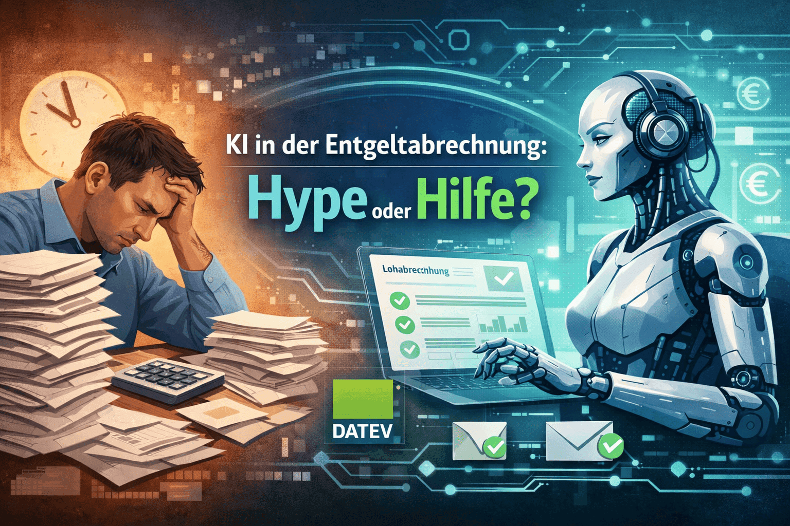 Illustration einer gestressten Lohnbuchhalterin vor Papierstapeln auf der einen Seite und einer KI-gestützten, digitalen Lohnabrechnung auf der anderen Seite, die Automatisierung und Unterstützung in der Entgeltabrechnung symbolisiert.