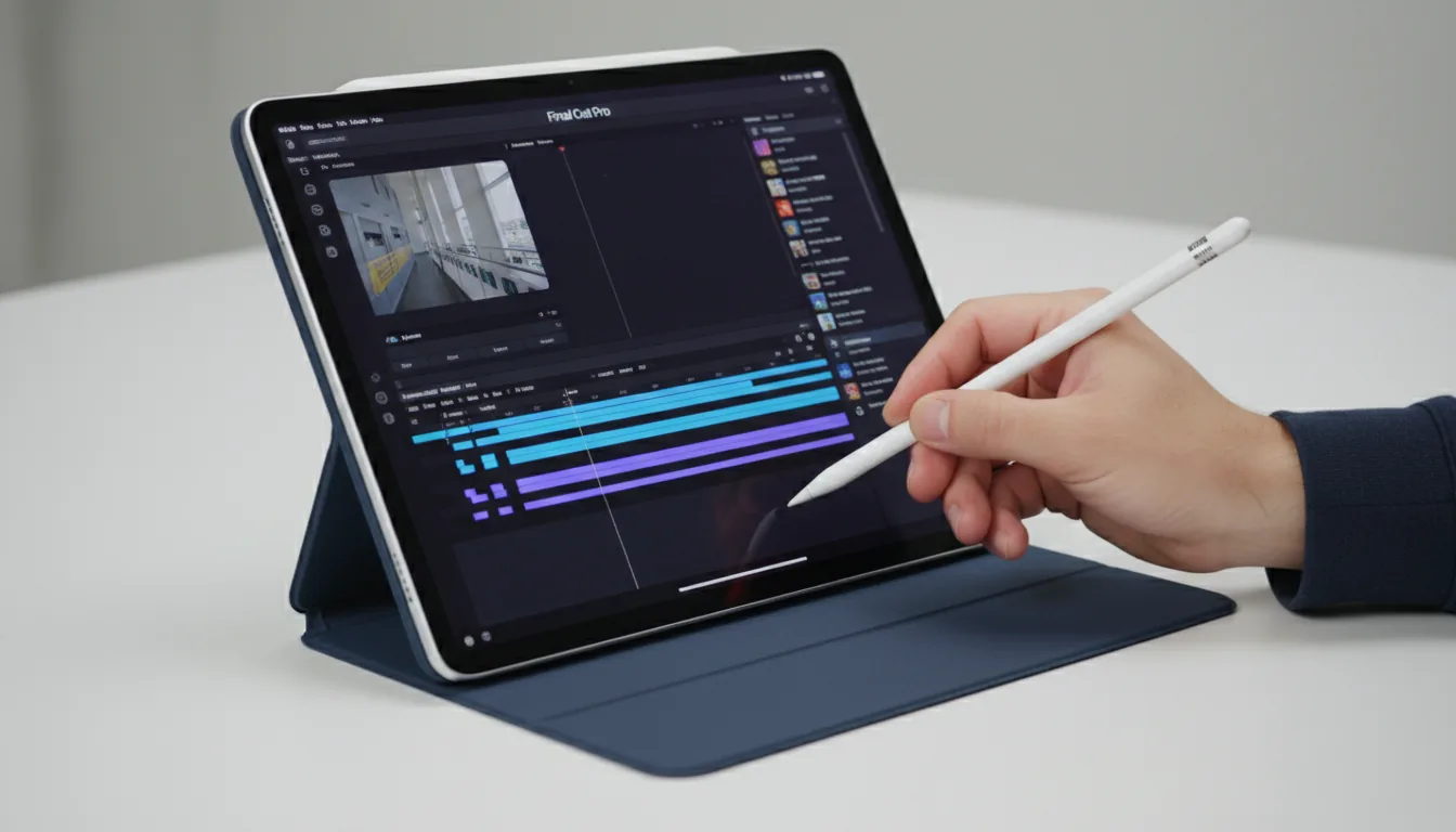 DSLR product photography of a person's hand holding a white Apple Pencil, editing a video on an Apple iPad Pro. The iPad is in landscape orientation on a minimalist white surface, propped up by a dark blue folio case. The screen displays the Final Cut Pro for iPad software in dark mode, featuring a multi-track video timeline with blue and purple clips at the bottom, a media browser on the right, and a main video preview window. The tip of the Apple Pencil is precisely touching the timeline. Soft studio lighting, shallow depth of field with sharp focus on the hand and the iPad screen.