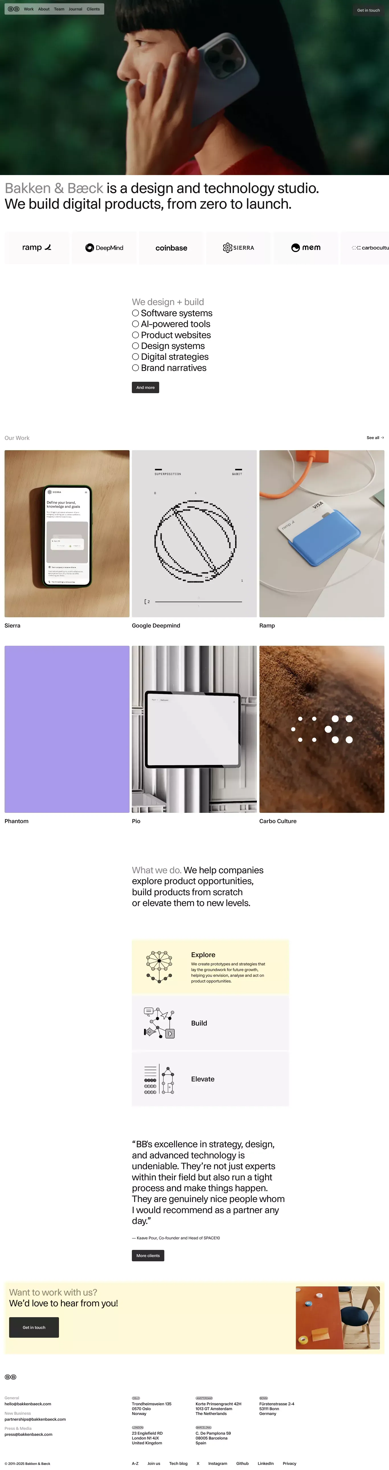Bakken & Bæck is a design and technology portfolio page screenshot showcasing Design and Tech design