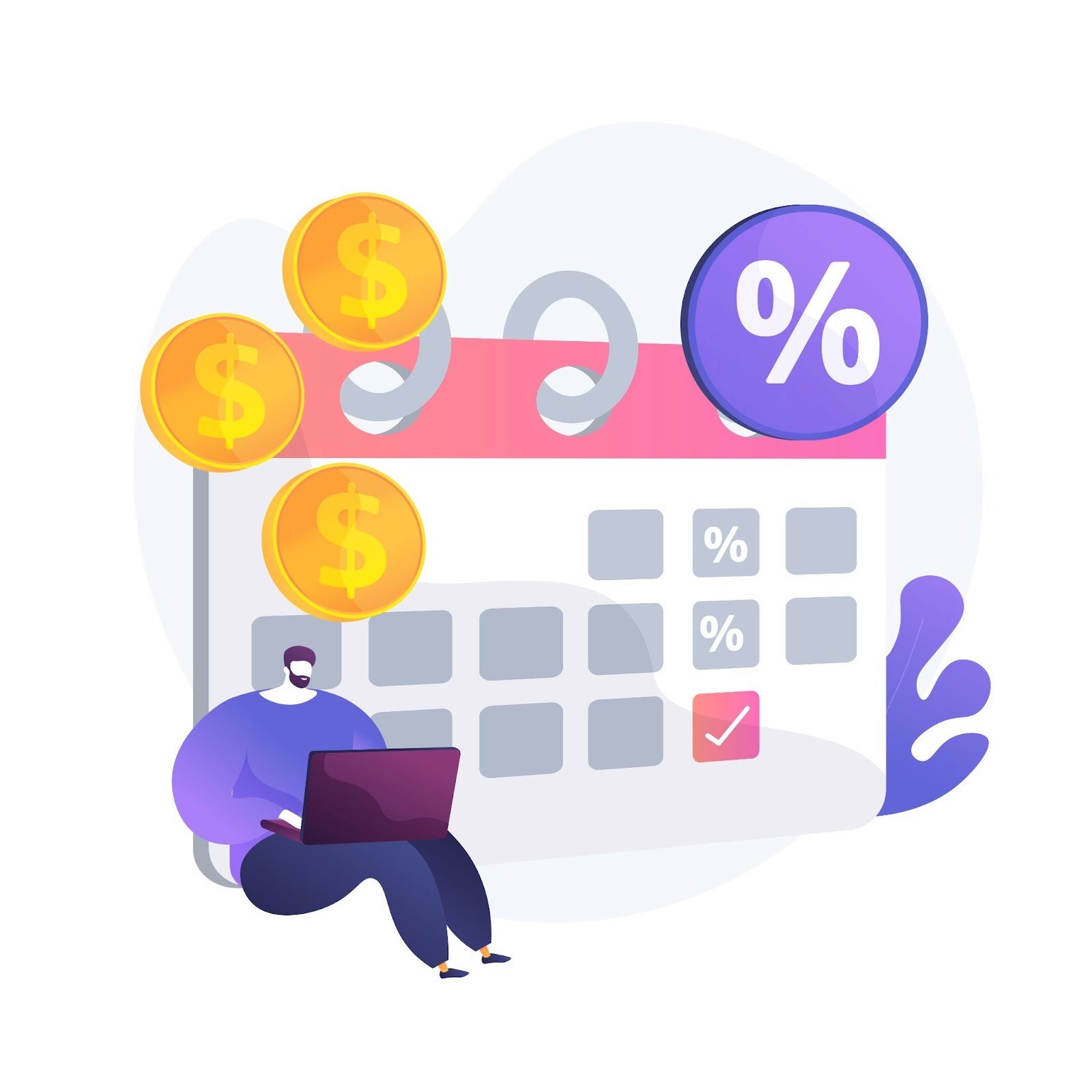 An illustration of a man sitting against a calendar representing month-end payroll processes. 