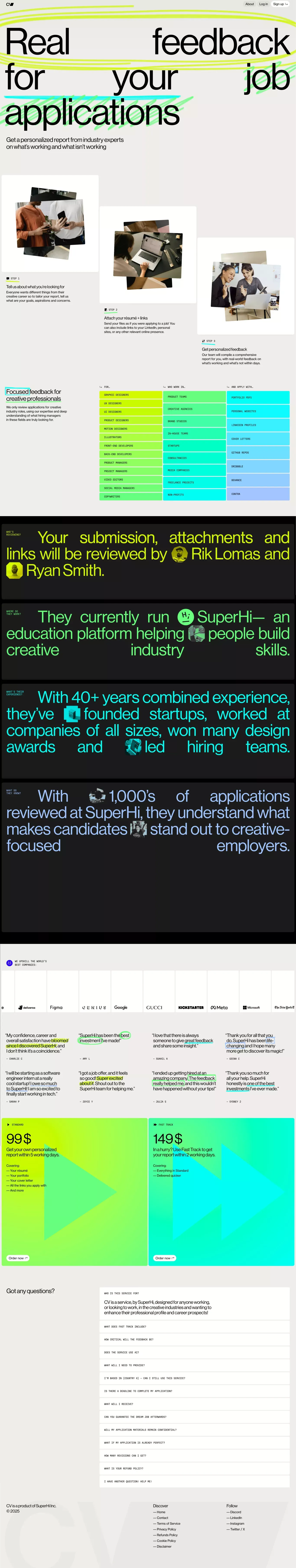 Real feedback for creative industry job landing page screenshot showcasing HR and Tech design