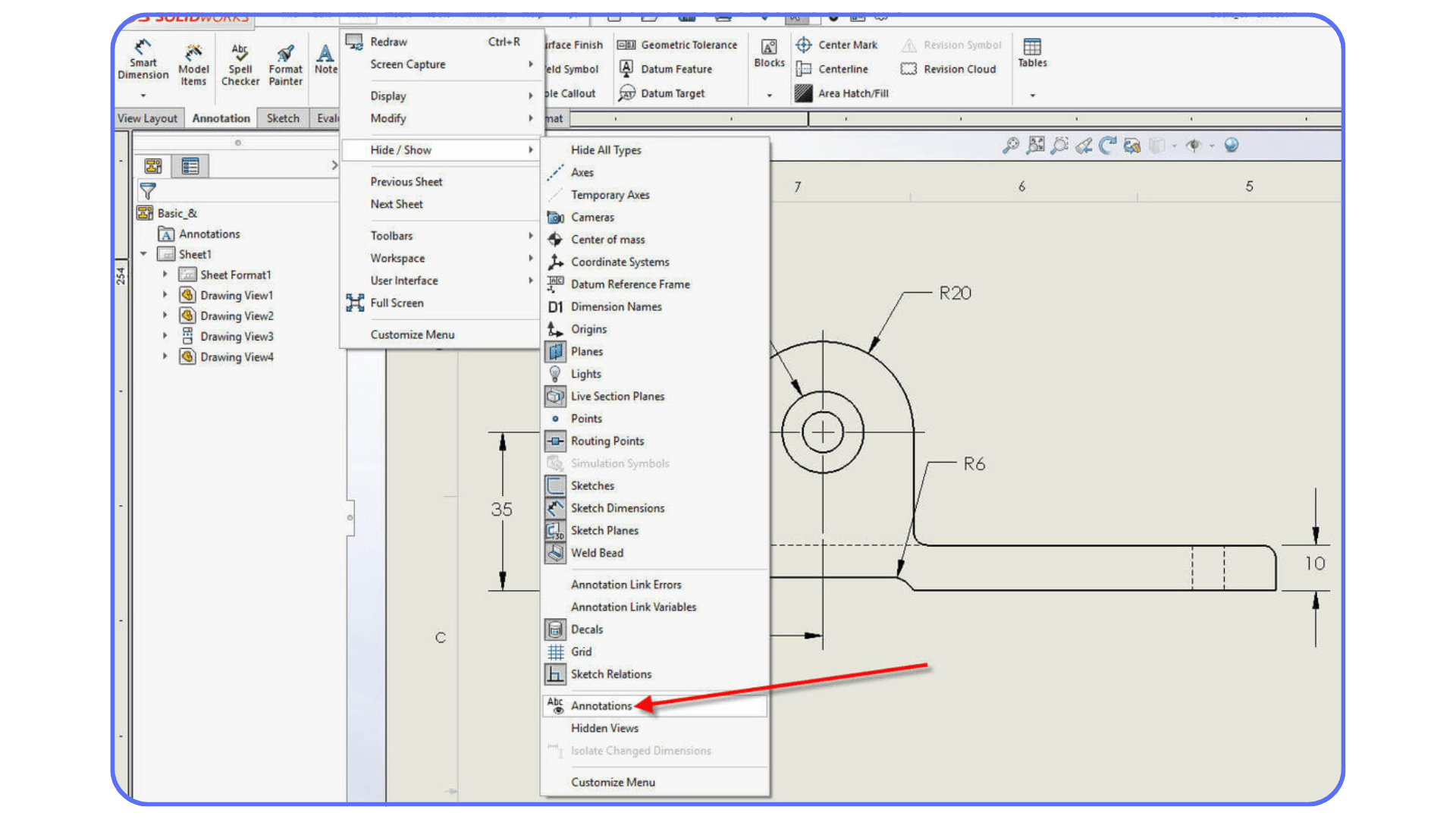 SolidWorks drawing view with hide and show annotation options opened from the menu
