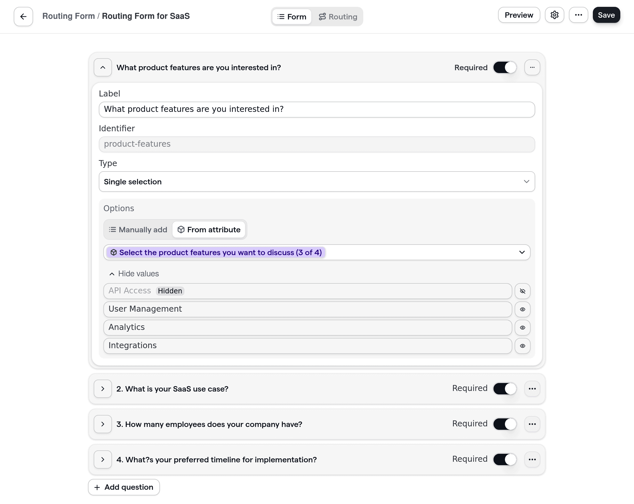 SaaS-routingformulier met vragen afgestemd op de boekingsstromen van SaaS-klanten, zoals gebruiksdoel, bedrijfsomvang en productinteresses.