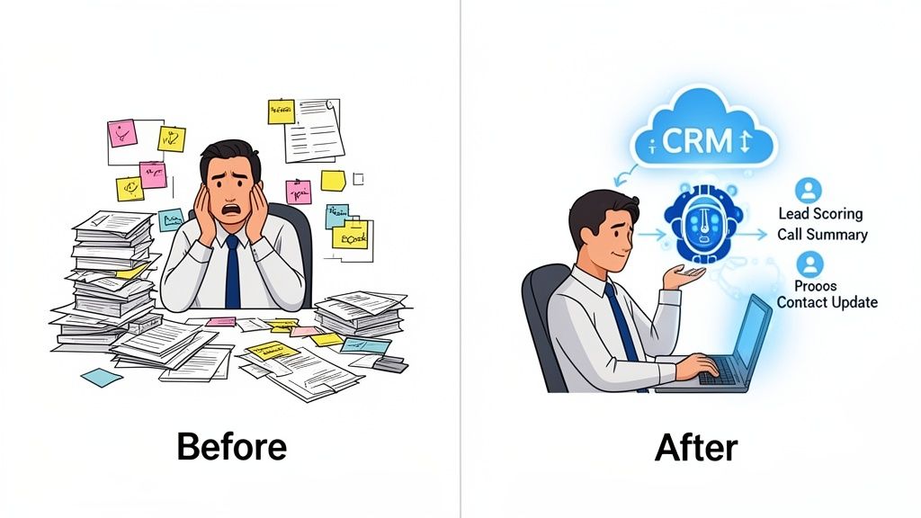 Before and after comparison: A man stressed with paper versus a man using AI-powered CRM for efficiency.