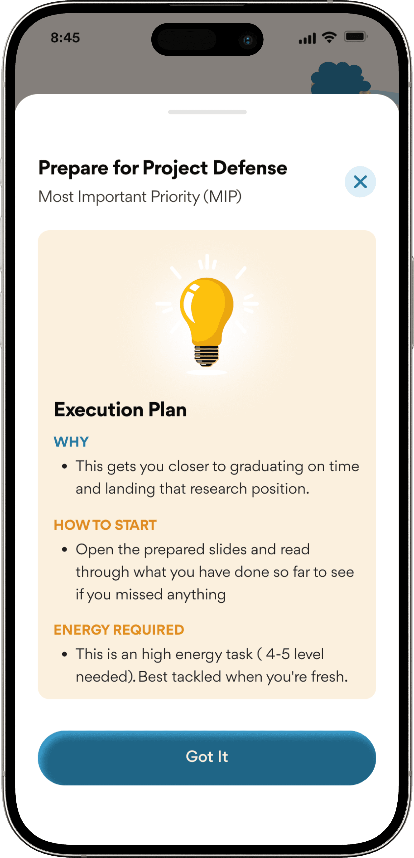 Phone mockup showing a priority execution plan