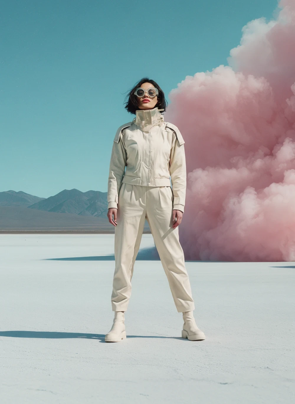 Woman standing in a desert landscape with mountains and pink smoke in the background