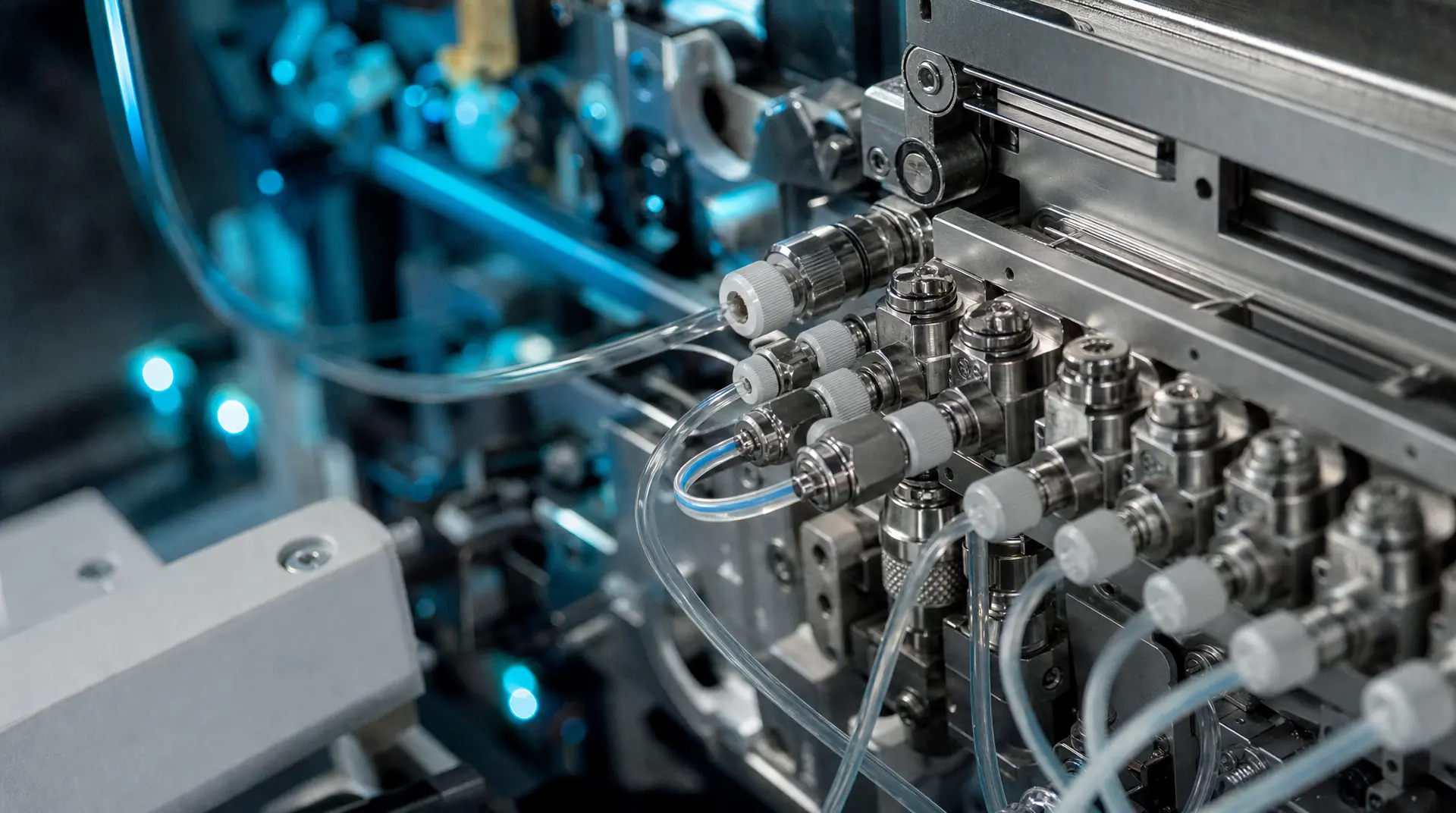 Close-up of polished metal connectors and tubing inside a lab-grade machine, supporting brand identity design for deep tech marketing.