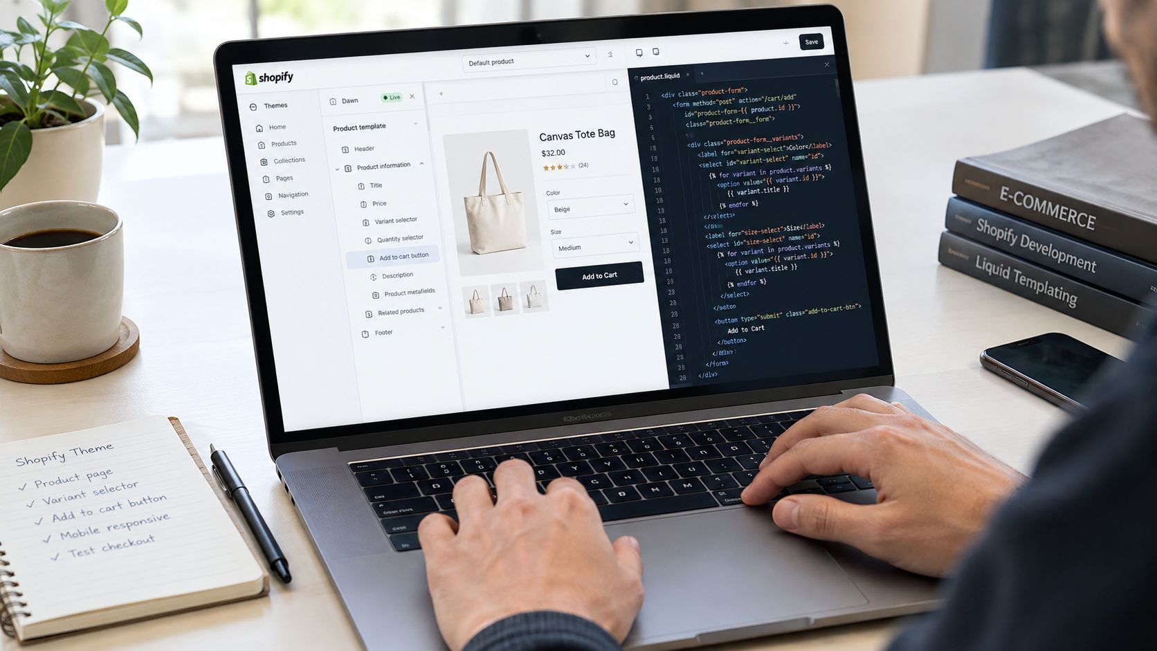 A developer coding a Shopify product page to add a customized add to cart button on a laptop.