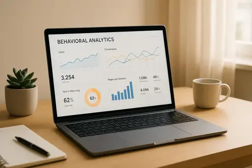 Stylized illustration of business professionals and a humanoid robot interacting with digital dashboards displaying analytics and profiles