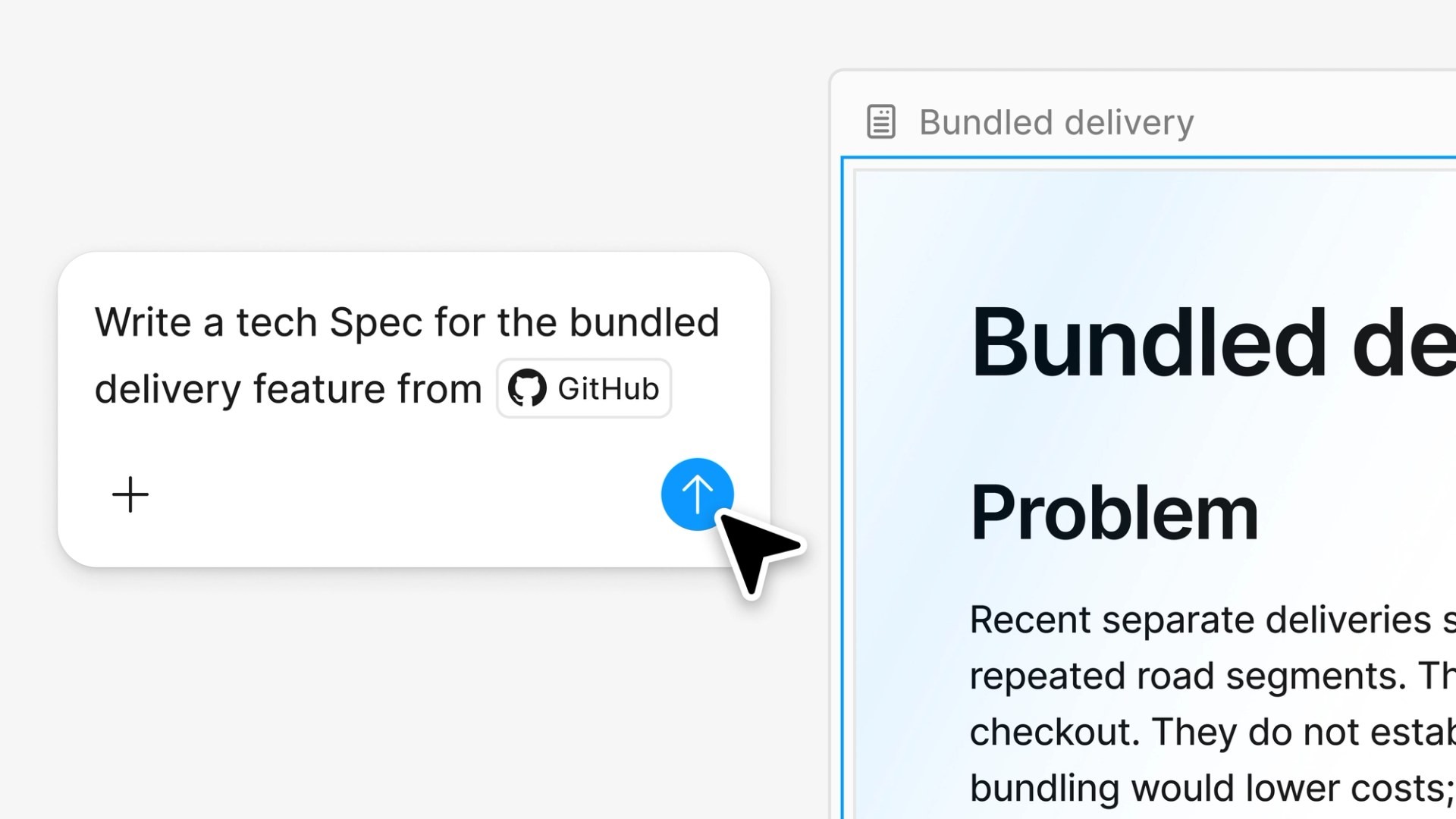 A prompt asking an agent to write a tech spec for a bundled delivery feature from GitHub, beside the resulting spec document