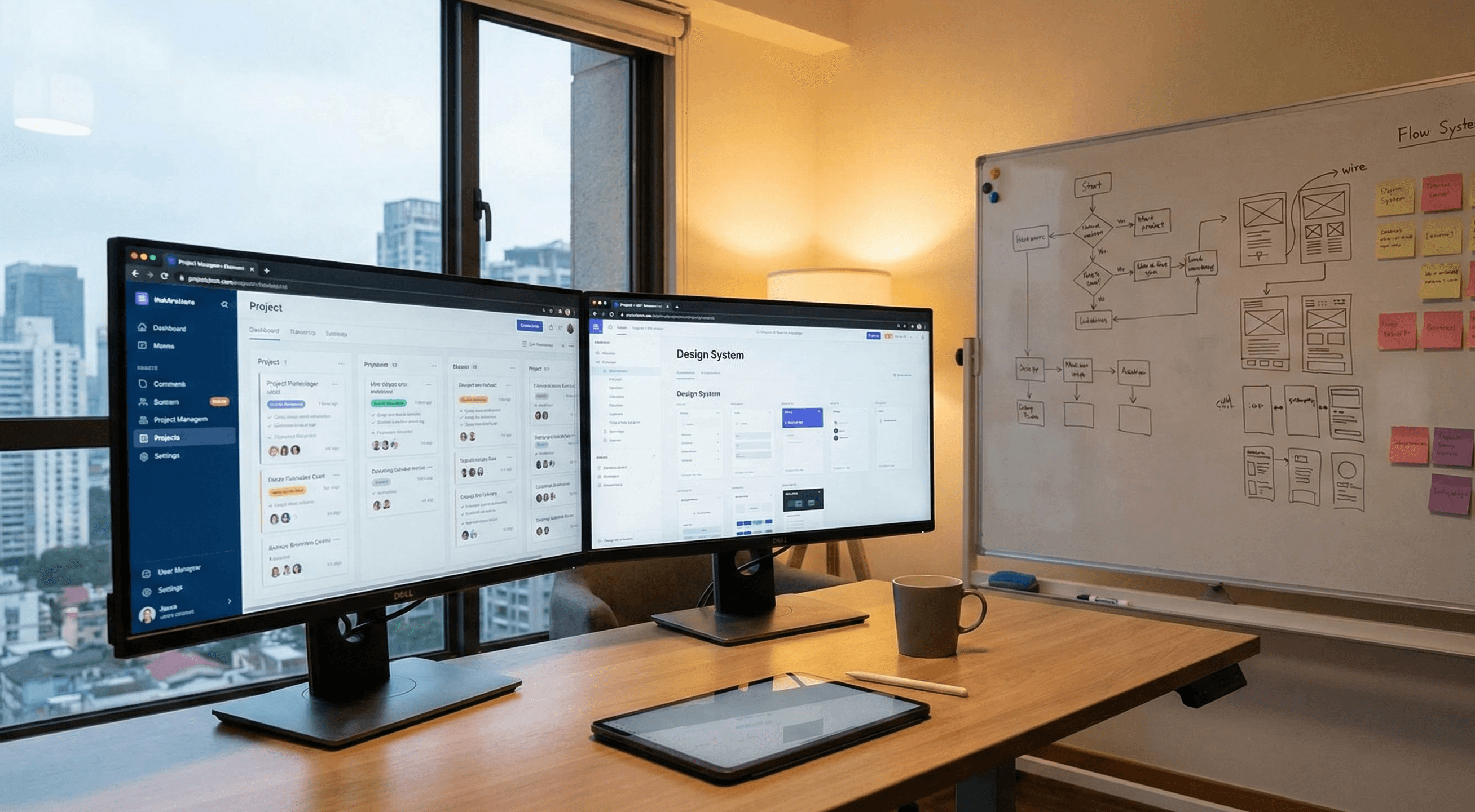 Two colleagues collaborating over paperwork at an office desk, with plants in the background.