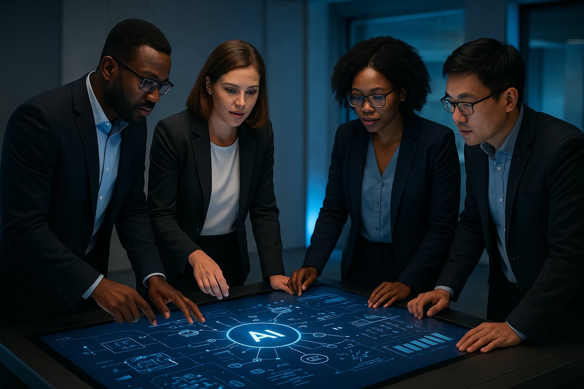 A team of professionals stands around a glowing touchscreen table displaying AI diagrams and data.