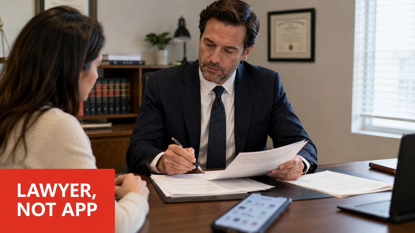 A professional lawyer reviewing legal documents while having a consultation with a female client in his office.