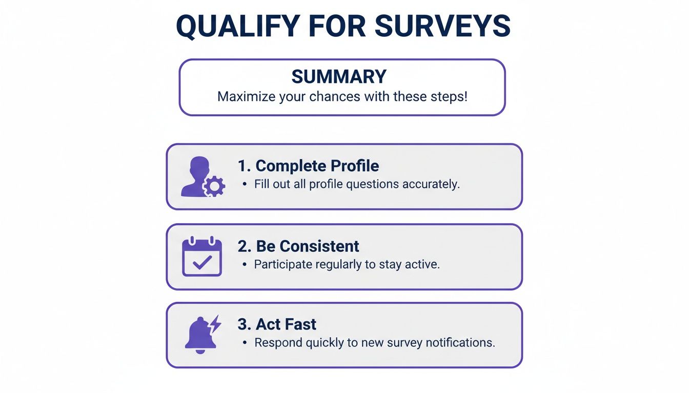 A visual guide detailing three steps to qualify for surveys: complete profile, be consistent, and act fast.