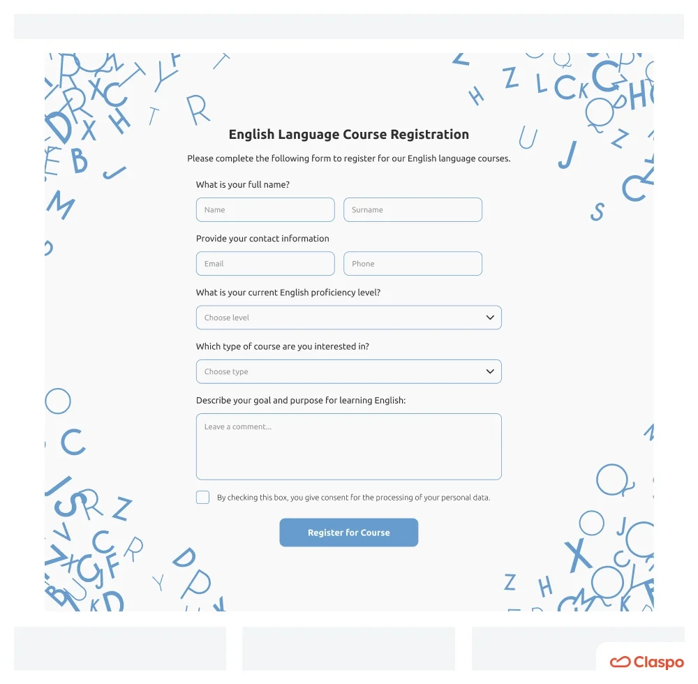 Claspo exit-intent registration form for an English language course, featuring custom fields for proficiency level and course type to qualify leads