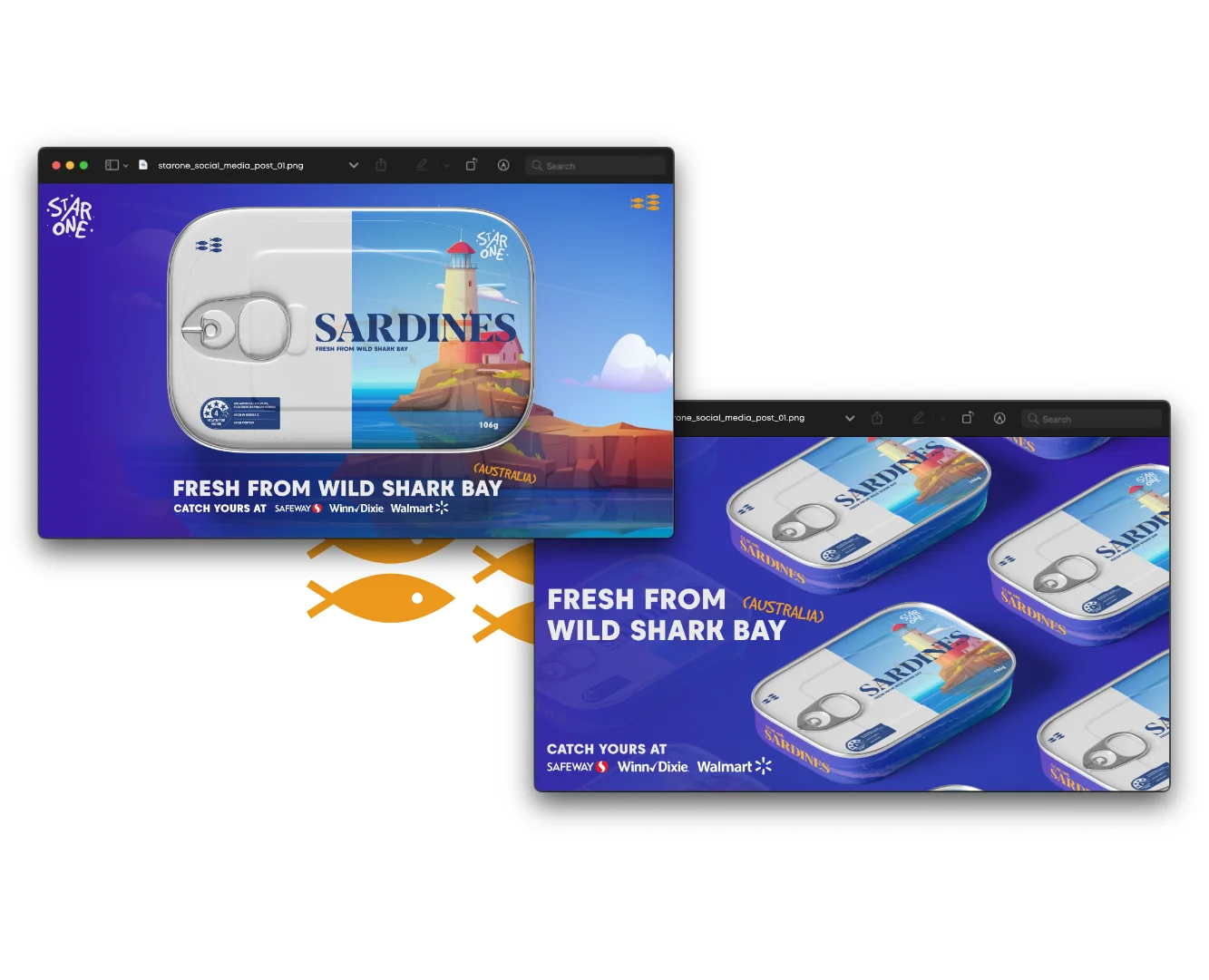Modern Facebook and Instagram post layouts for a premium seafood brand, showcasing consistent brand storytelling, vibrant blue coastal aesthetics, and bold typographic messaging by Andrew Salfinger.