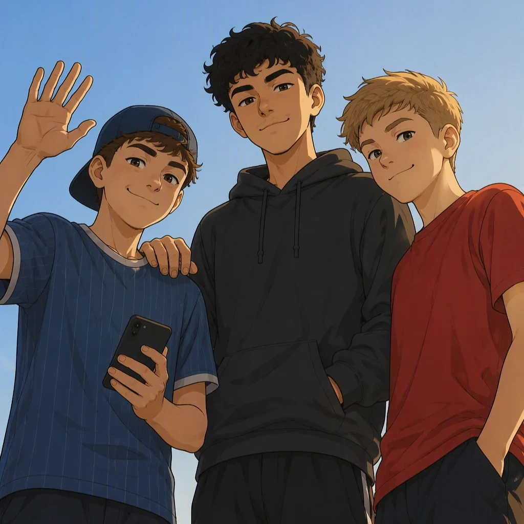 Tres chicos de pie, vistos desde abajo, saludando y sonriendo.