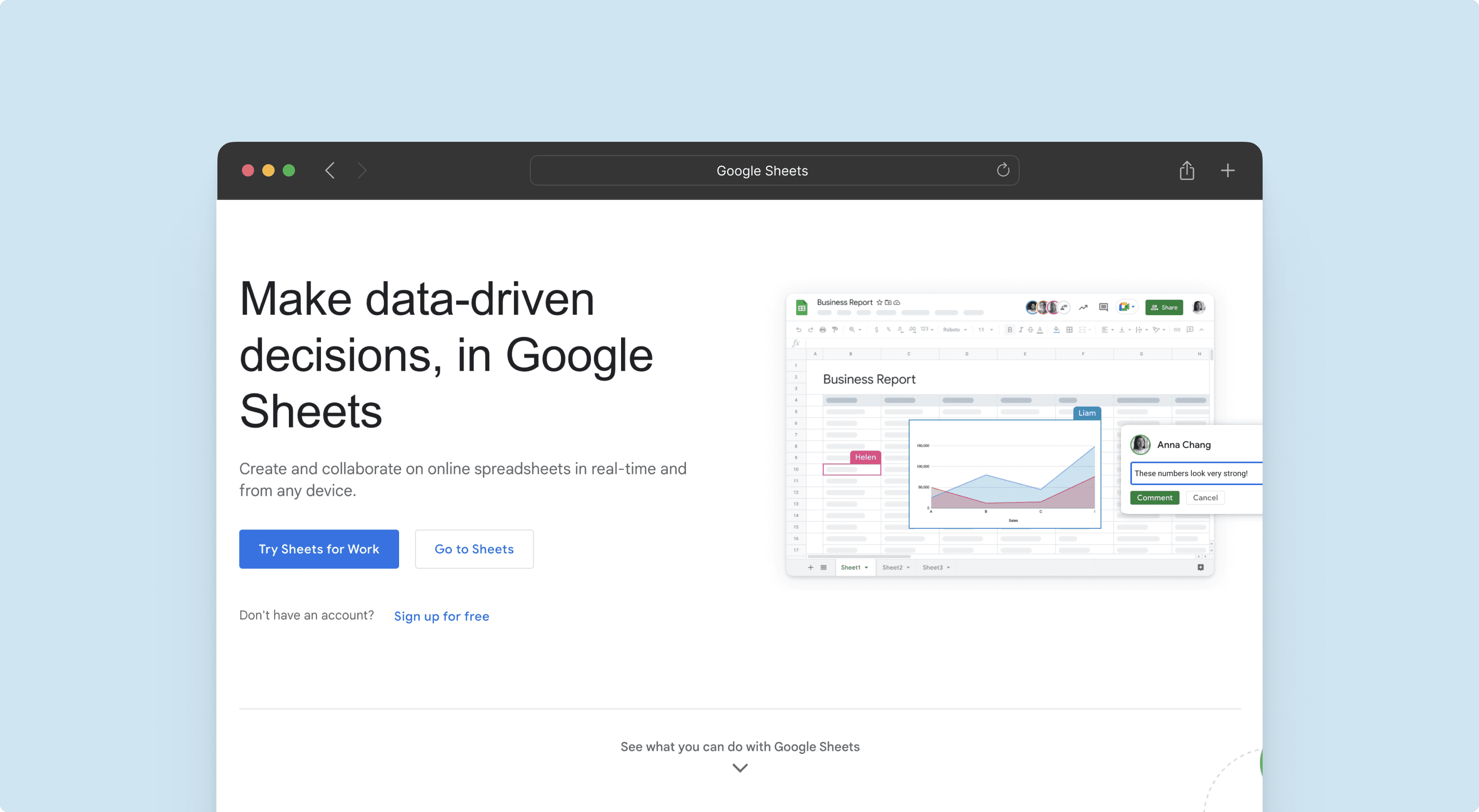 Browser displaying a page advertising google sheet's data analysis and reporting capabilities