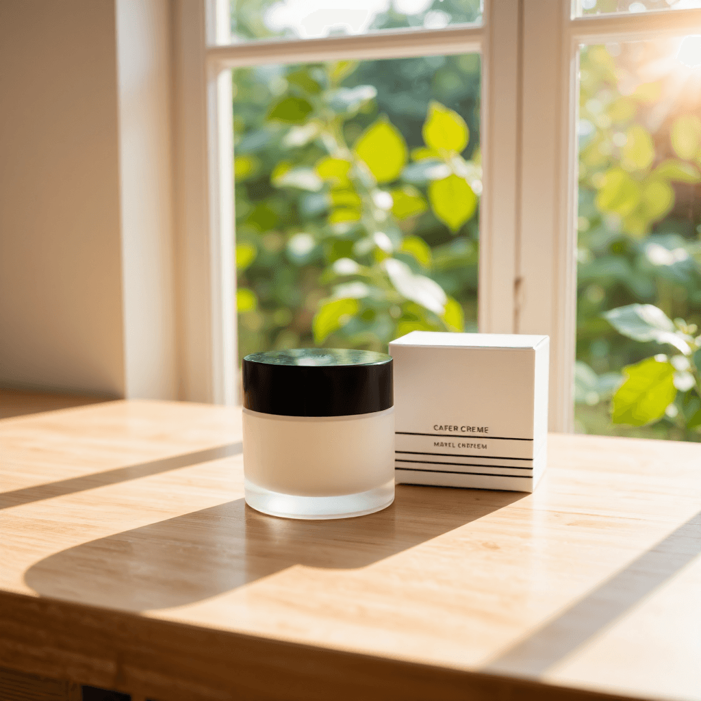 product photography of a jar of cosmetic cream on a box