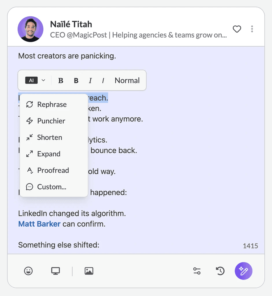 A screenshot of MagicPost's LinkedIn post generator