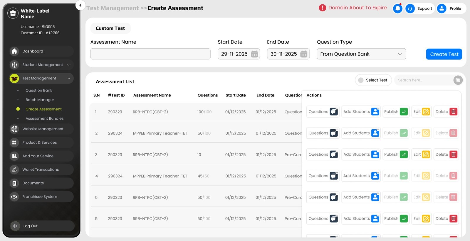 Create Assessment screen with action tables