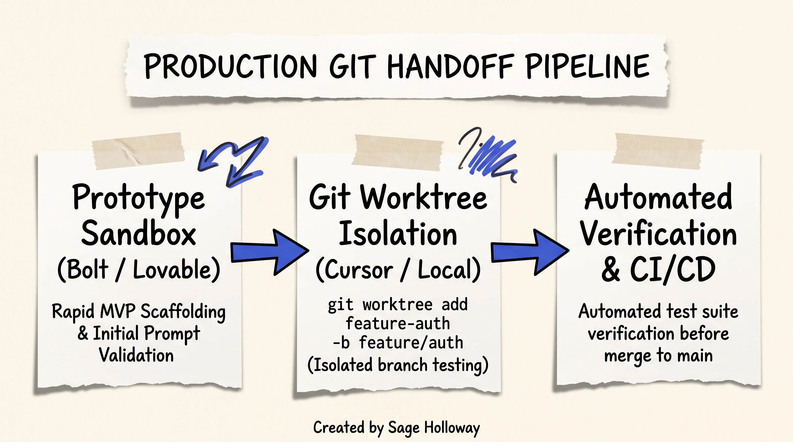 Scrapbook diagram illustrating the developer handoff pipeline from prototype export to Git worktrees and production CI/CD