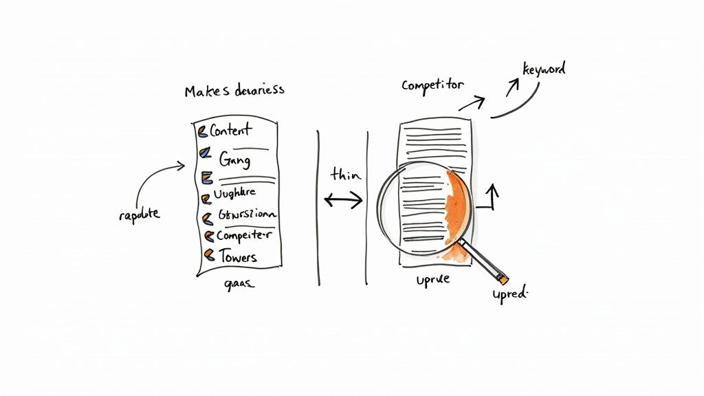 Diagram showing thin versus thick content strategy for SEO site audit optimization