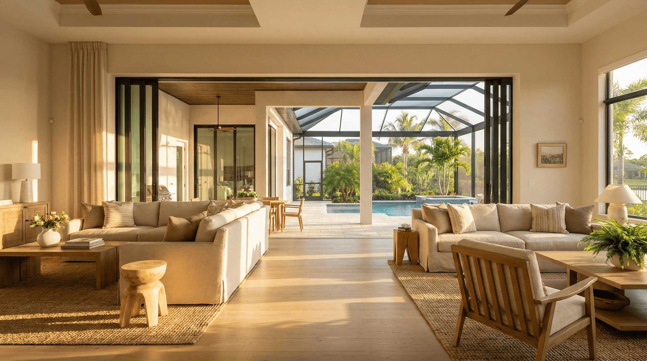 A beautifully finished custom open-concept living space in Tampa Bay, featuring massive multi-slide doors opening to a lanai bathed in natural Florida sunlight.