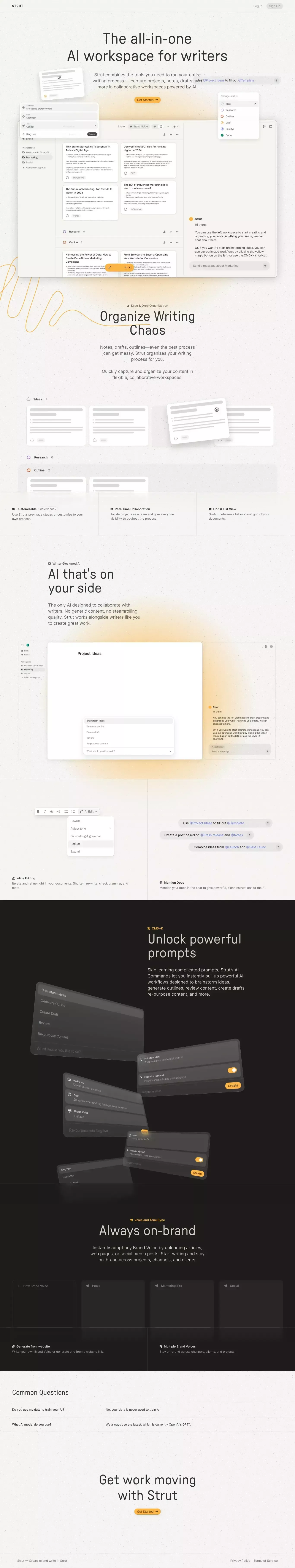 Strut landing page screenshot showcasing Tech and Writing design