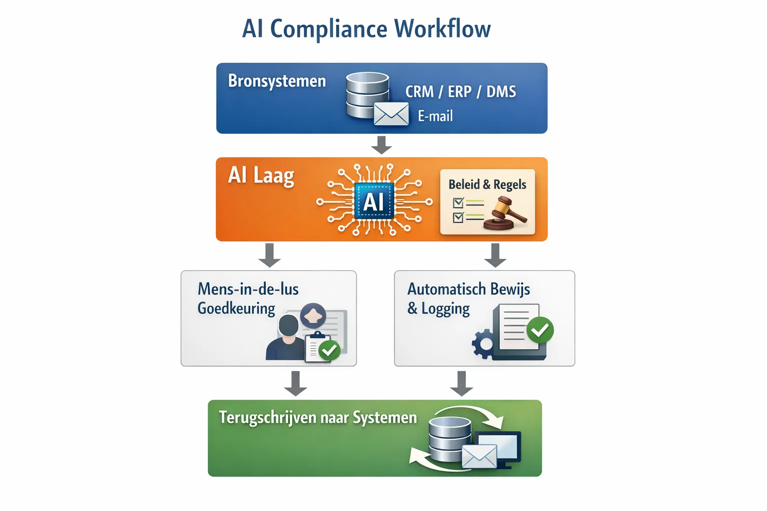 Simple diagram of an AI compliance workflow: source systems such as CRM/ERP/DMS and email, an AI layer that consults policies and rules, human-in-the-loop approval, automated evidence and logging, and writing results back to systems.