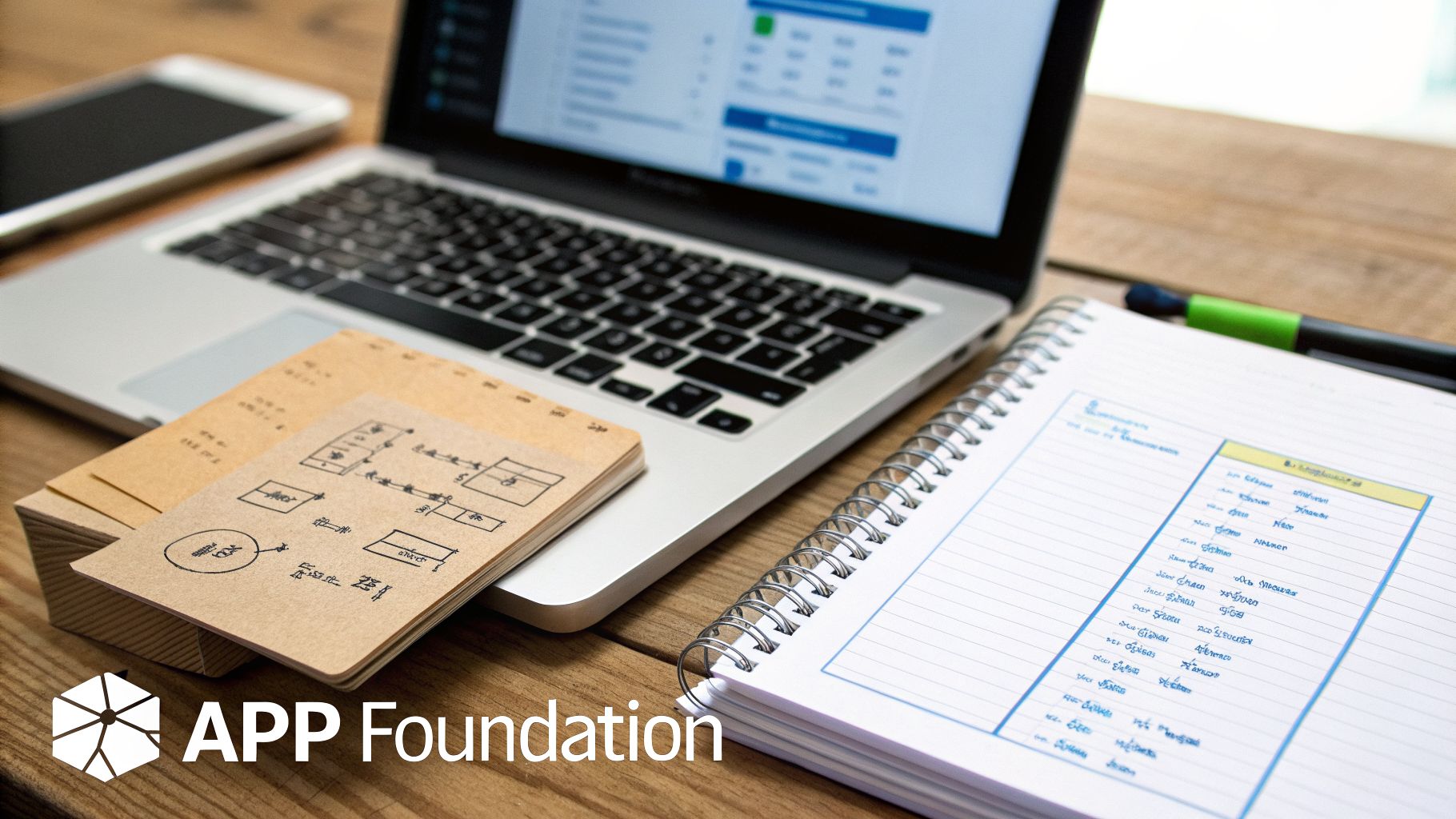 A productivity setup with a laptop, smartphone, notebooks, and marker on a wooden desk.