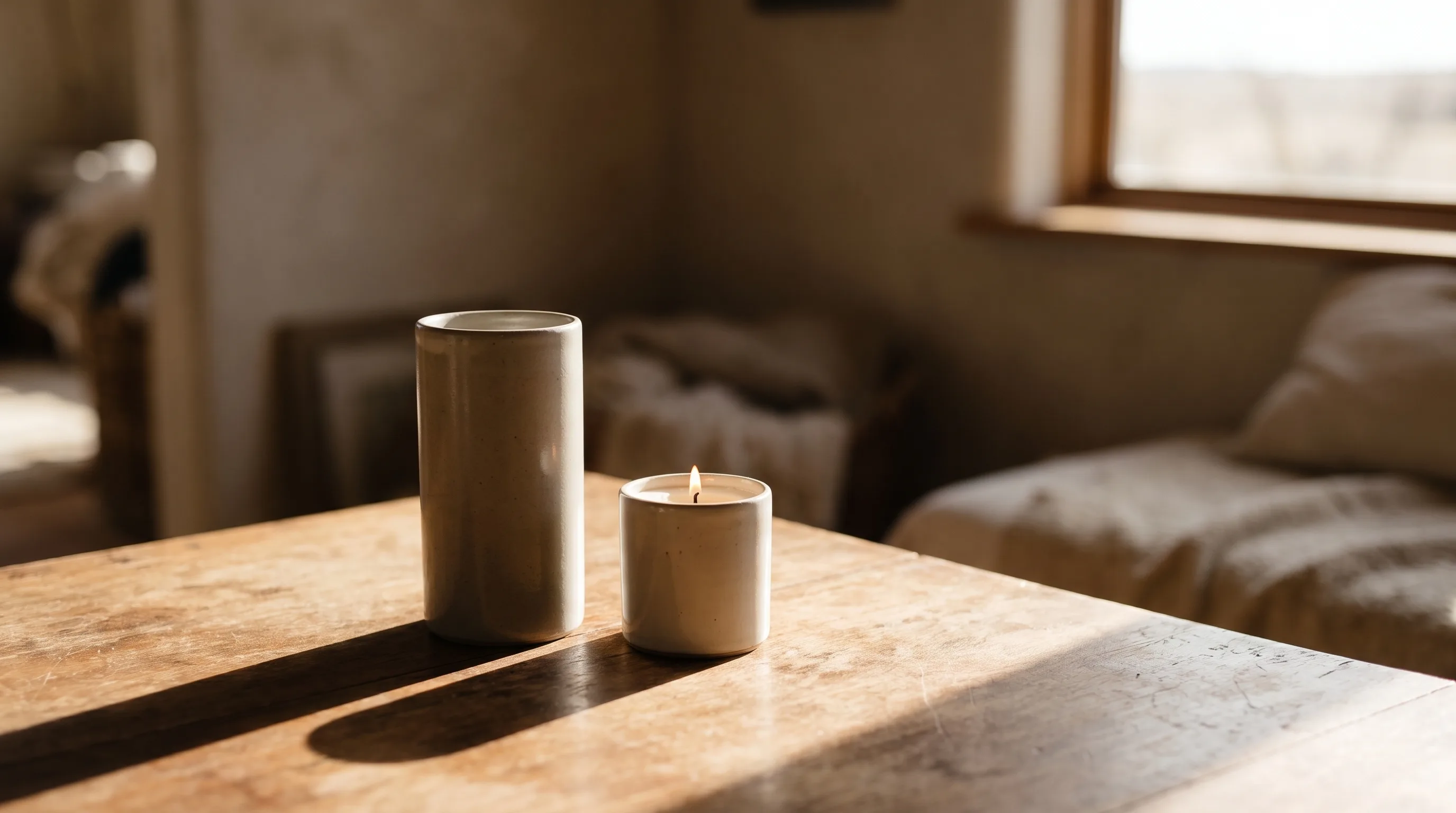 Two vessels of different heights on a bare surface, the shorter one lit and the taller one throwing a long shadow past it