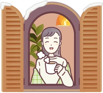 窓から顔を出す女性のイラスト。