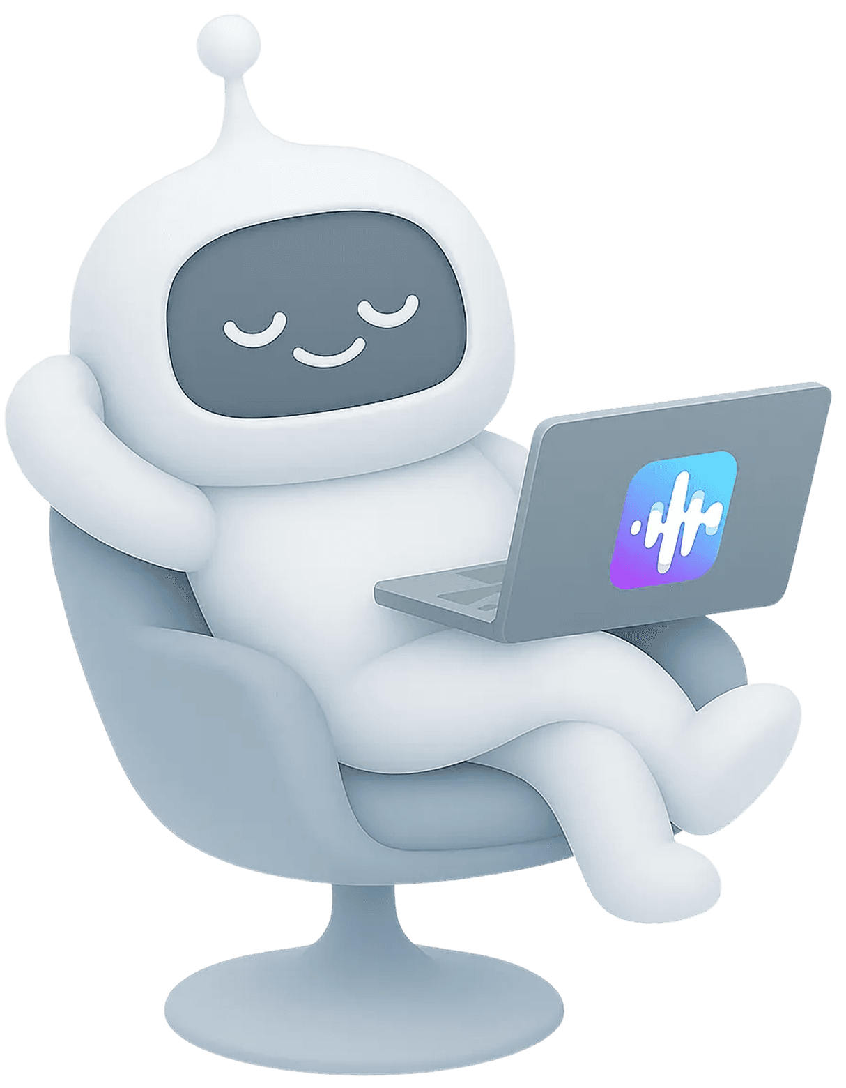 Jamworks macot relaxing on a chair, hand behind head, legs crossed, staring at a laptop with a Jamworks sticker on it