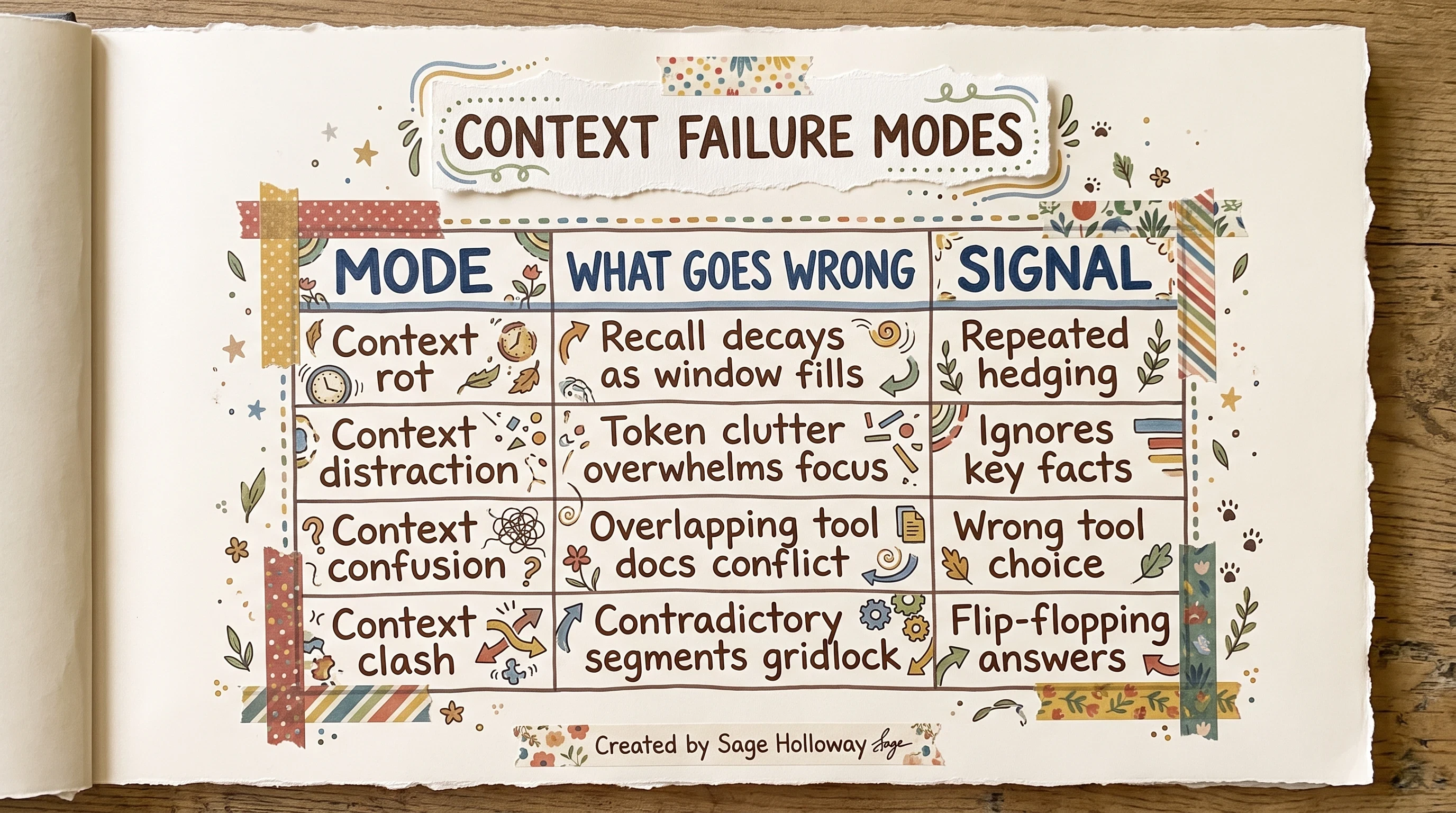 Table of four LangChain context failure modes: rot, distraction, confusion, and clash