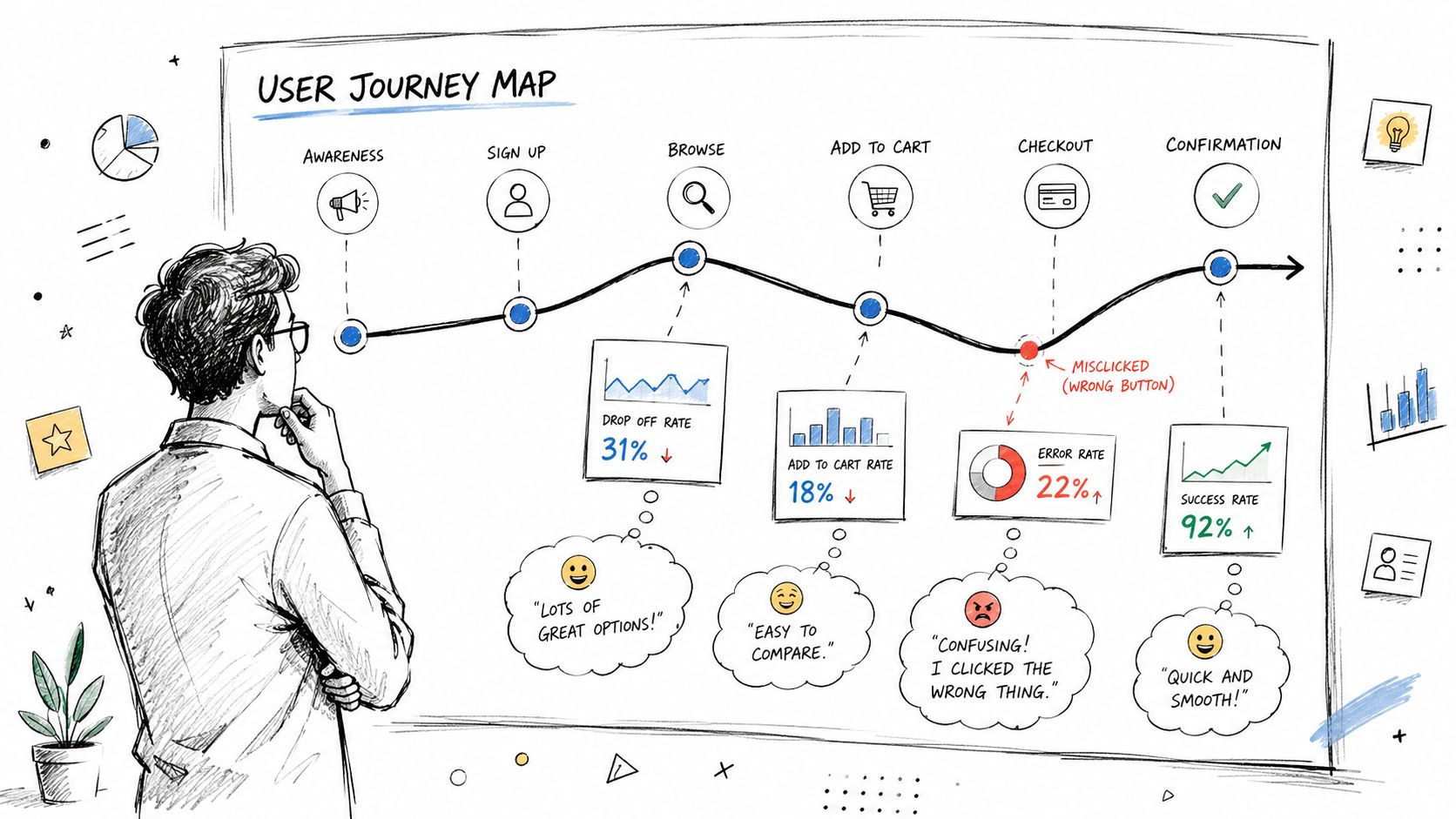A professional analyzing a sketched user journey map showing customer experience stages, data insights, and feedback bubbles.