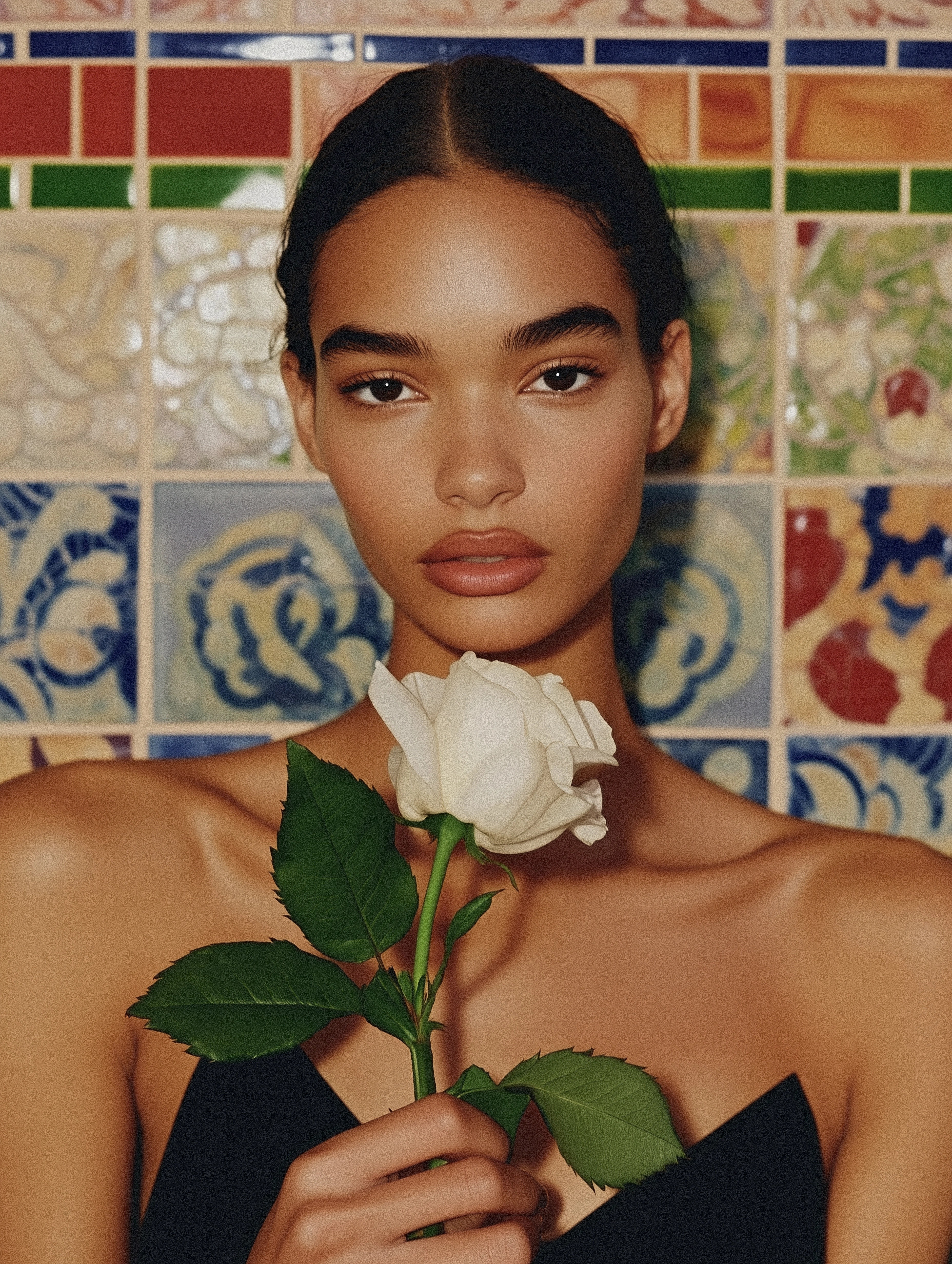 A vibrant portrait of a woman with natural features, holding a white rose, standing in front of a colorful mosaic tile background