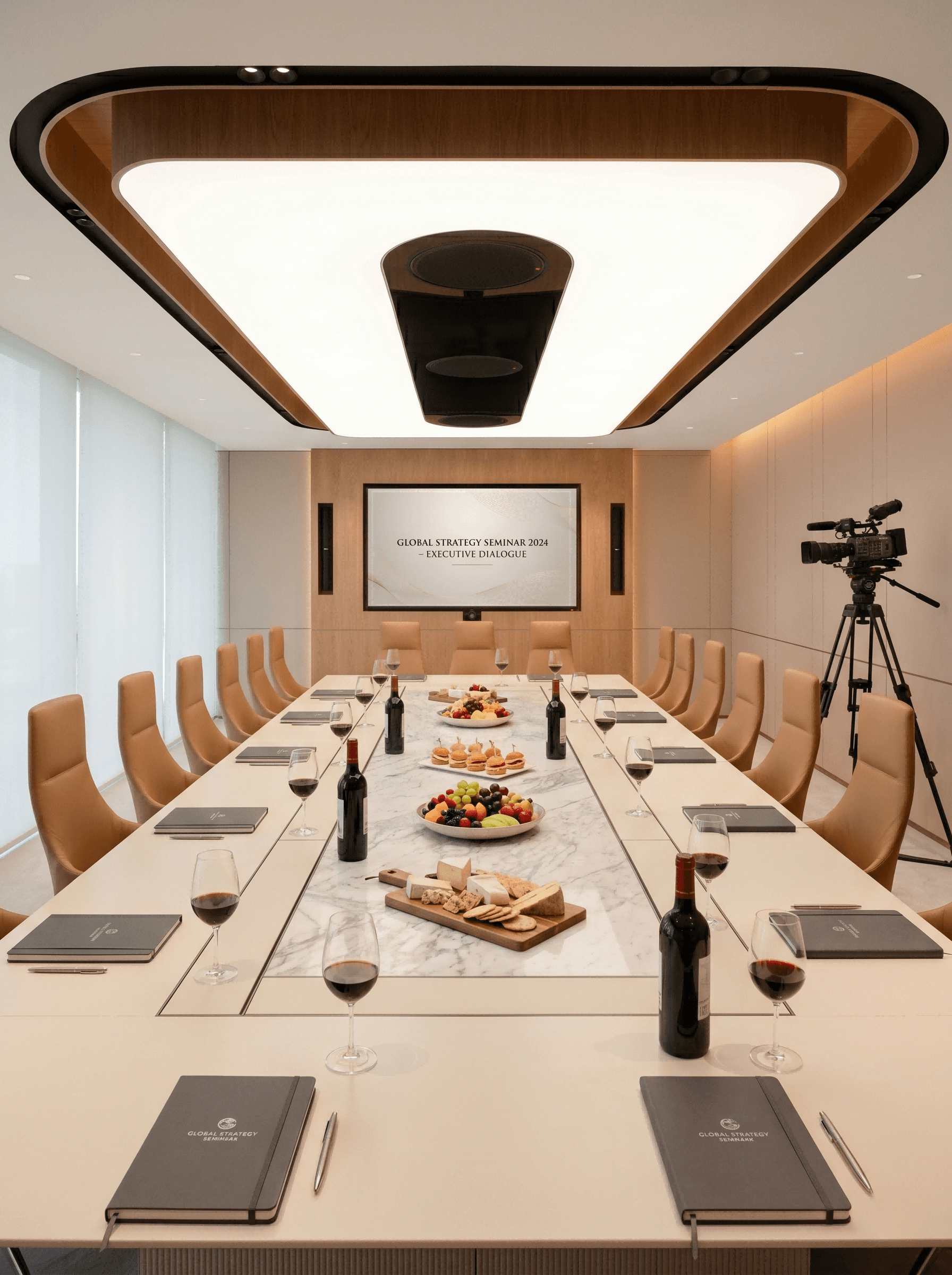 小型研討會場地整齊排好桌椅與投影幕，搭配簡潔講台與音響設備，適合20至40人客戶說明會與內部培訓 Small seminar room with neatly arranged tables chairs and projector screen ideal for 20 to 40 person client briefings and internal training 精簡研討會套餐 小型客戶說明會 企業內訓場地佈置