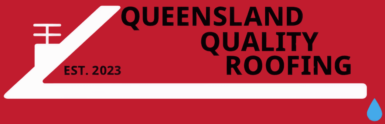 Queensland Quality Roofing logo featuring a modern red and black roof design with a water droplet, established in 2023. A Brisbane-based roofing company specializing in re-roofing, repairs, guttering, and high-quality roofing solutions.