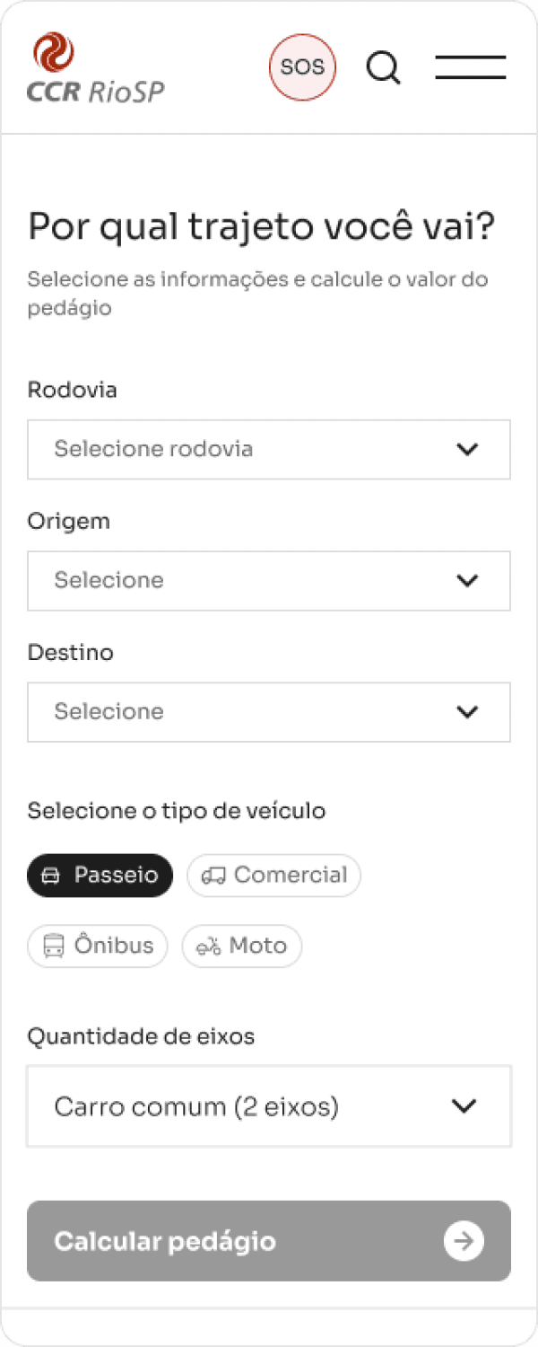 Webpage from CCR RioSP for calculating toll fees. The form includes dropdown menus for selecting the highway, origin, and destination. Users can choose the type of vehicle (passenger, commercial, bus, or motorcycle) and the number of axles. A button labeled 'Calculate toll' is at the bottom."