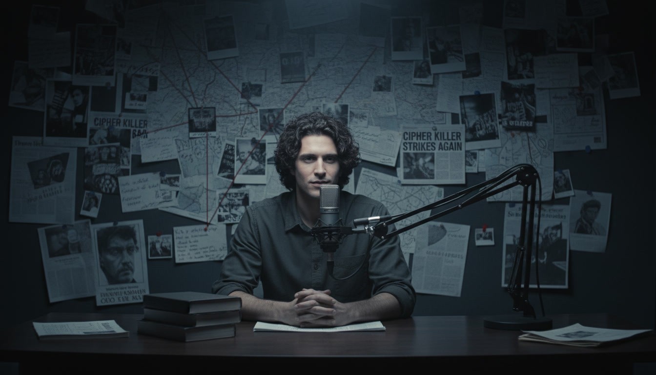 (Reference first image for facial features, hair, and style).A cinematic, wide-angle shot for a virtual book Q&A featuring a author image 1 sitting at a dark wooden desk. In front of him is a professional high-end studio microphone on a stand. The lighting is moody and sophisticated with Rembrandt lighting on the author's face. The background is a massive, dimly like the image 2, solving something like a mystery case files. No text, high-contrast black and blue tones, clean aesthetic. 