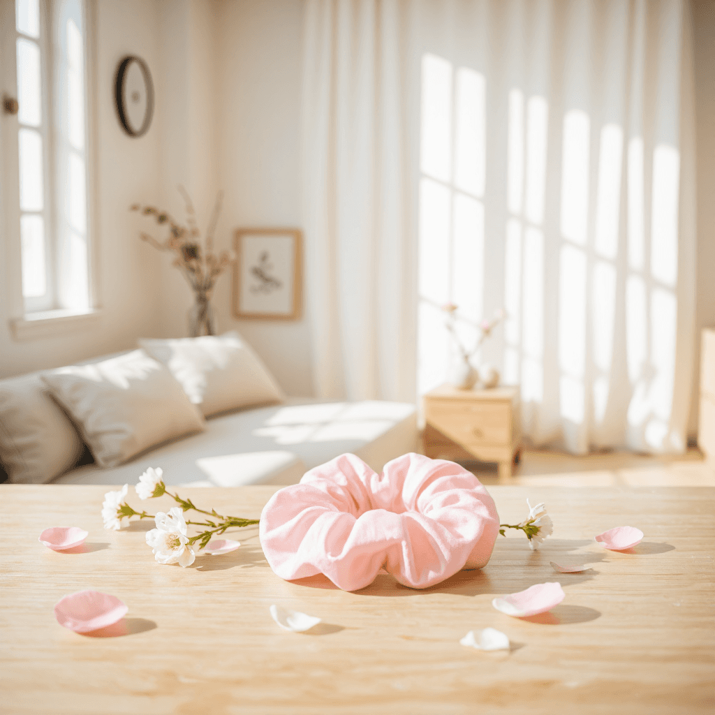 product photography of a hair accessory made of silk, used for tying hair